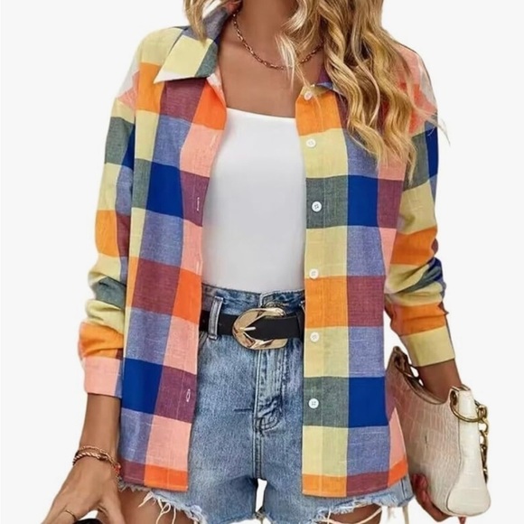 NWT Womens Colorful Plaid Flannel Button Down Blouse - Picture 3 of 14